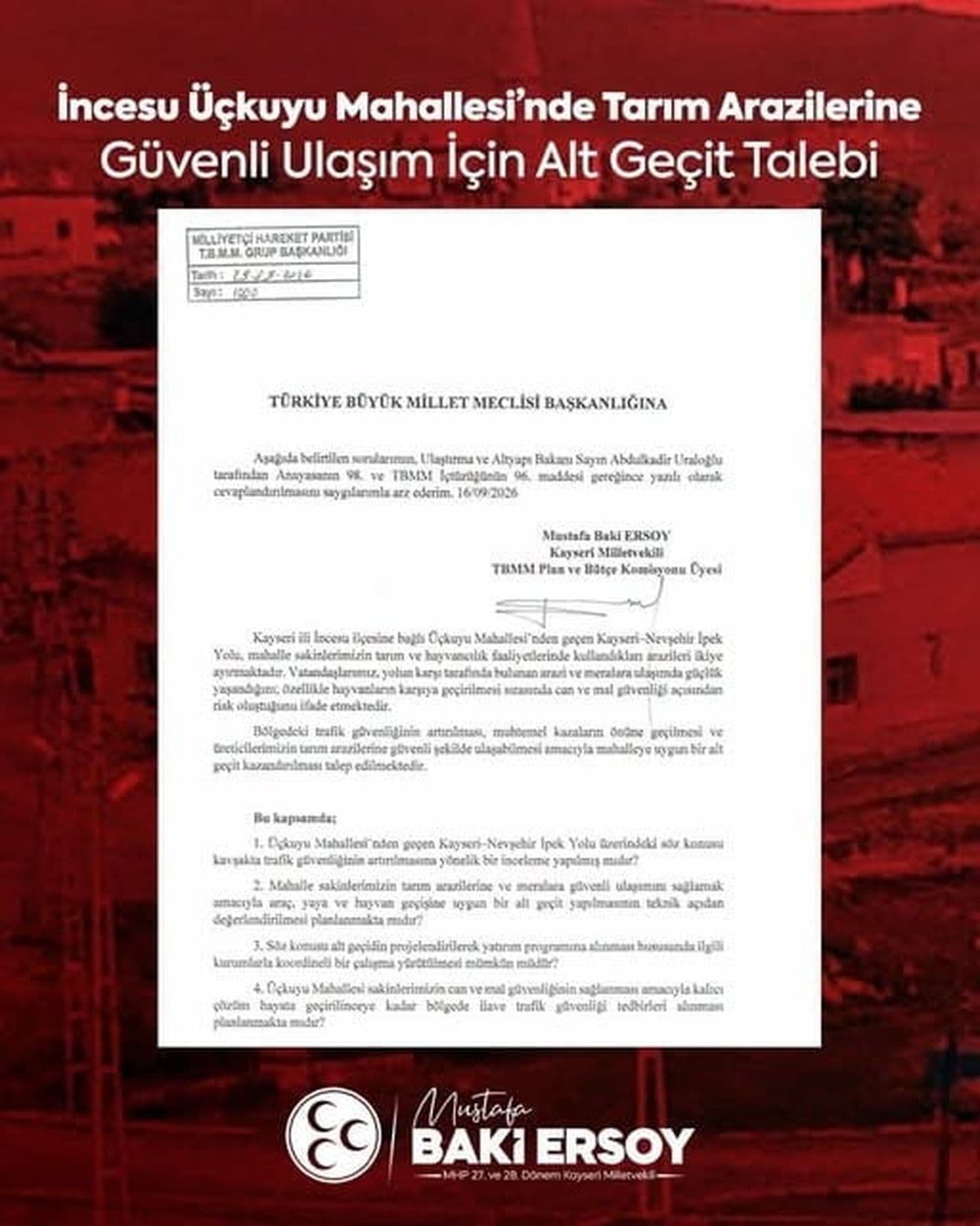 İncesu'da tarıma güvenli erişim için alt geçit talebi