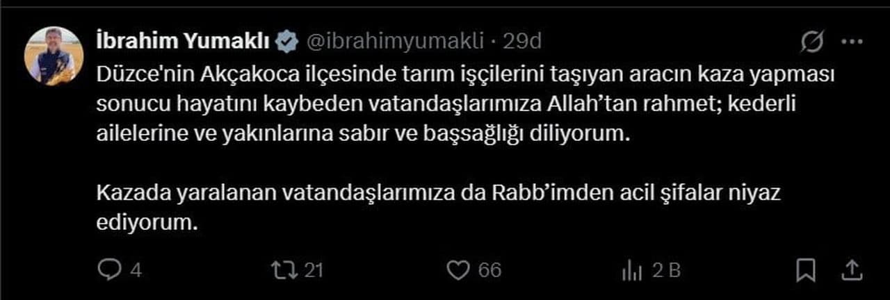Bakan Yumaklı'dan Düzce'deki kazaya başsağlığı mesajı