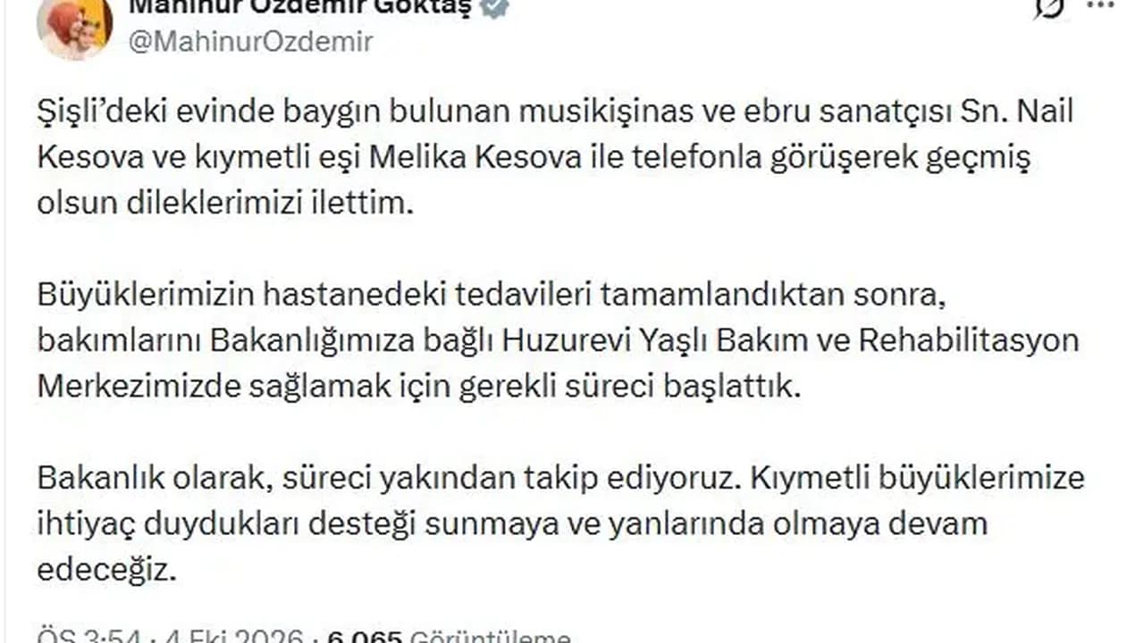 Bakan Göktaş'tan Nail Kesova'ya destek eli: Tedavi sonrası huzurevi süreci başladı